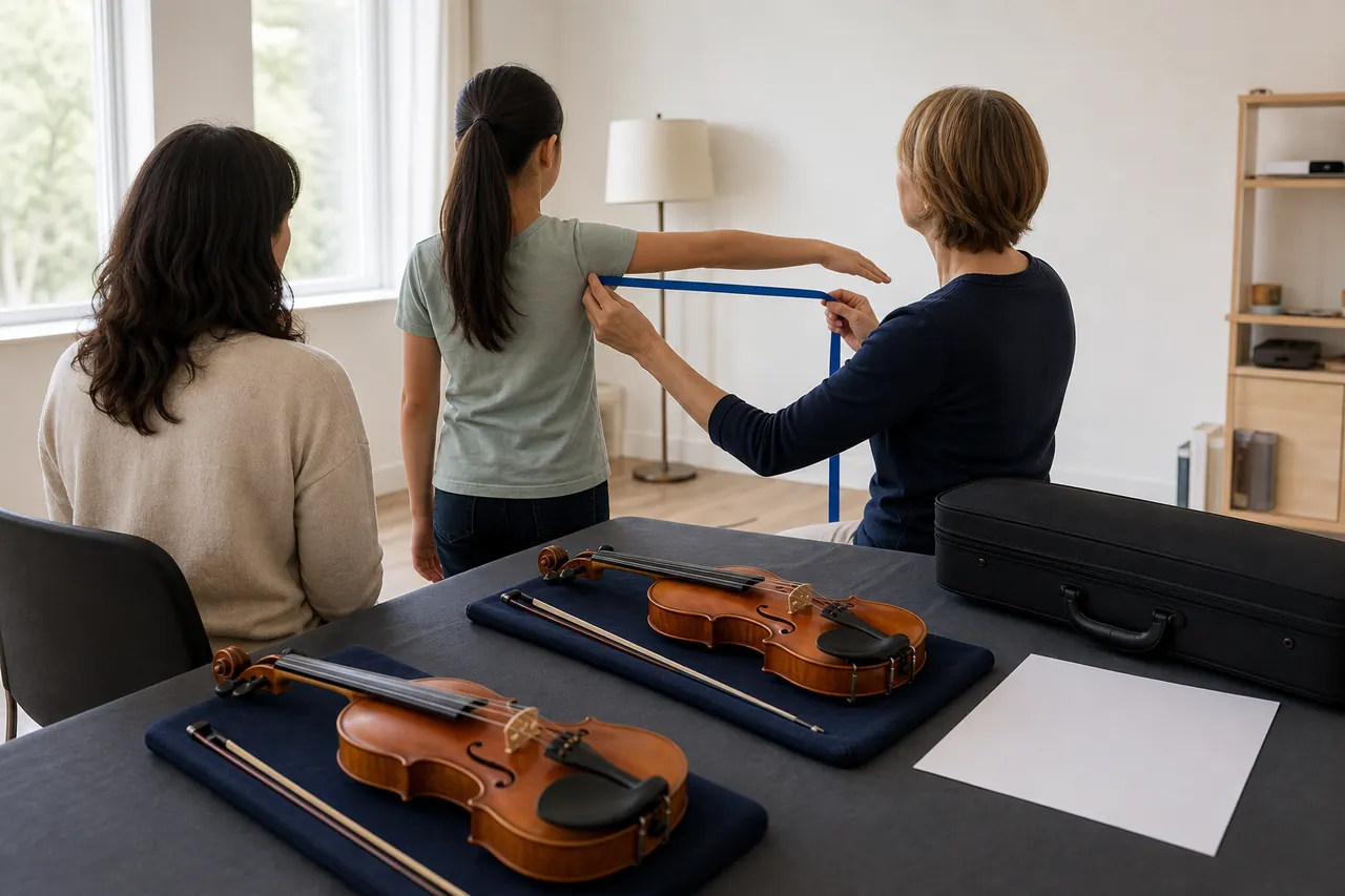 A teacher checks a student's arm reach while a parent observes and two generic violins rest safely on a table
