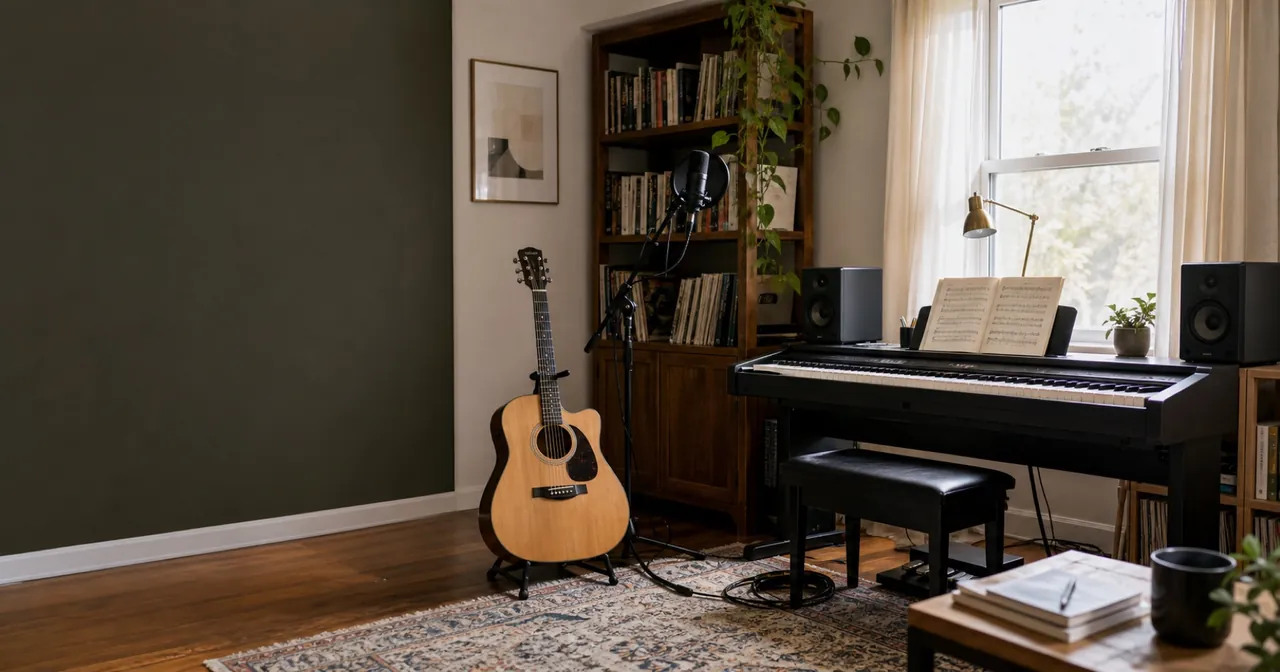 A musician comparing instruments and recording equipment in a bright working studio