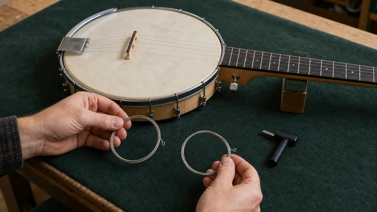 Generic five-string open-back banjo and two loop-end string coils on a padded bench