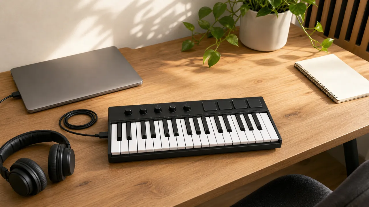 Generic compact MIDI keyboard, closed laptop, headphones and USB cable arranged on a sunlit music desk
