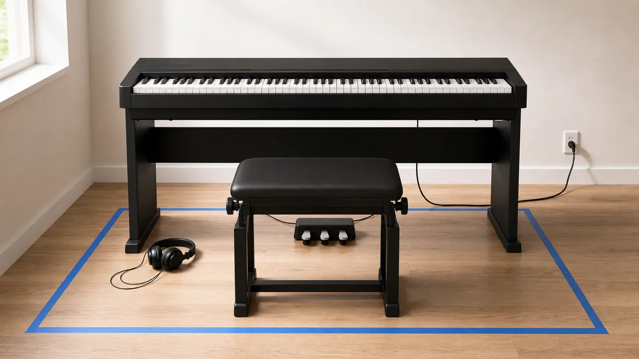 Generic unbranded 88-key digital piano with bench, pedals, headphones and measured floor space