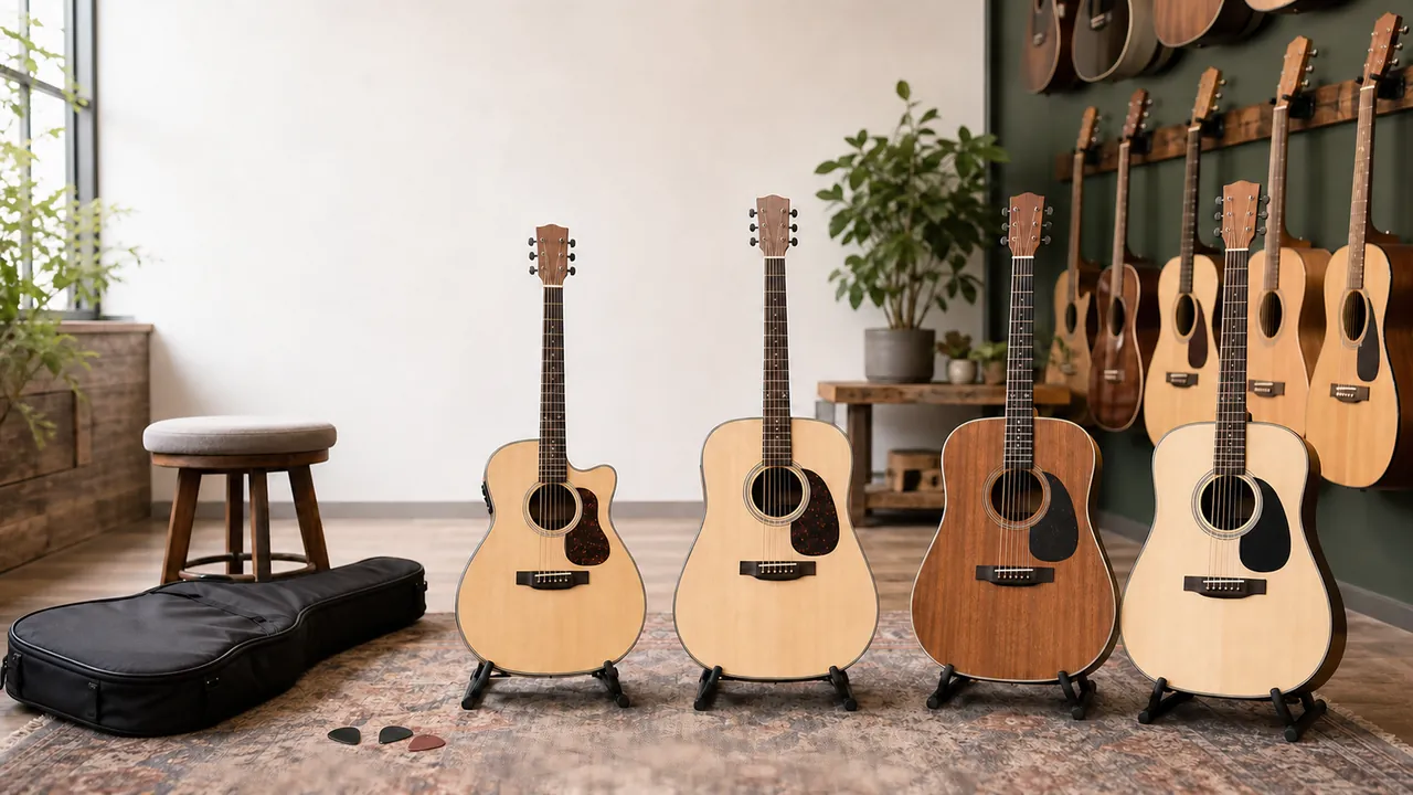 Four unbranded acoustic guitars of different body constructions displayed for comparison in a bright music shop.
