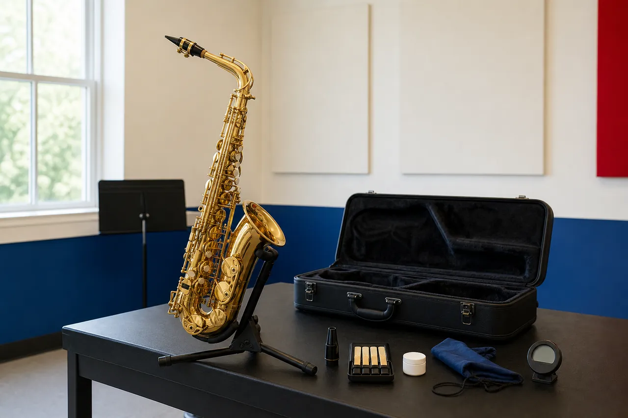 Generic unbranded alto saxophone on a padded stand beside an open case, reeds, swab, and tuner