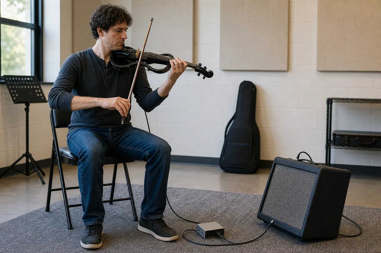 Electric violinist in a rehearsal room with a generic angled amplifier and DI box