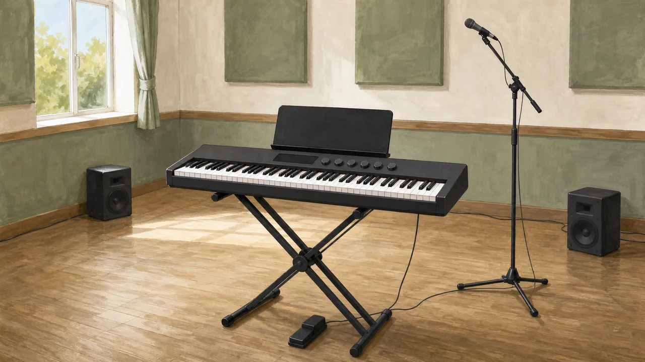 Generic arranger keyboard with microphone, pedal and compact speakers in a rehearsal room