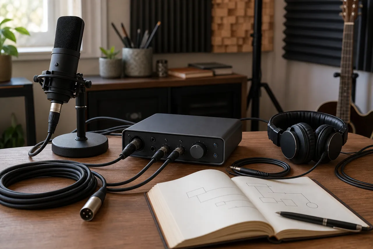 Generic unbranded desktop audio interface beside a microphone, guitar cable, headphones and notebook