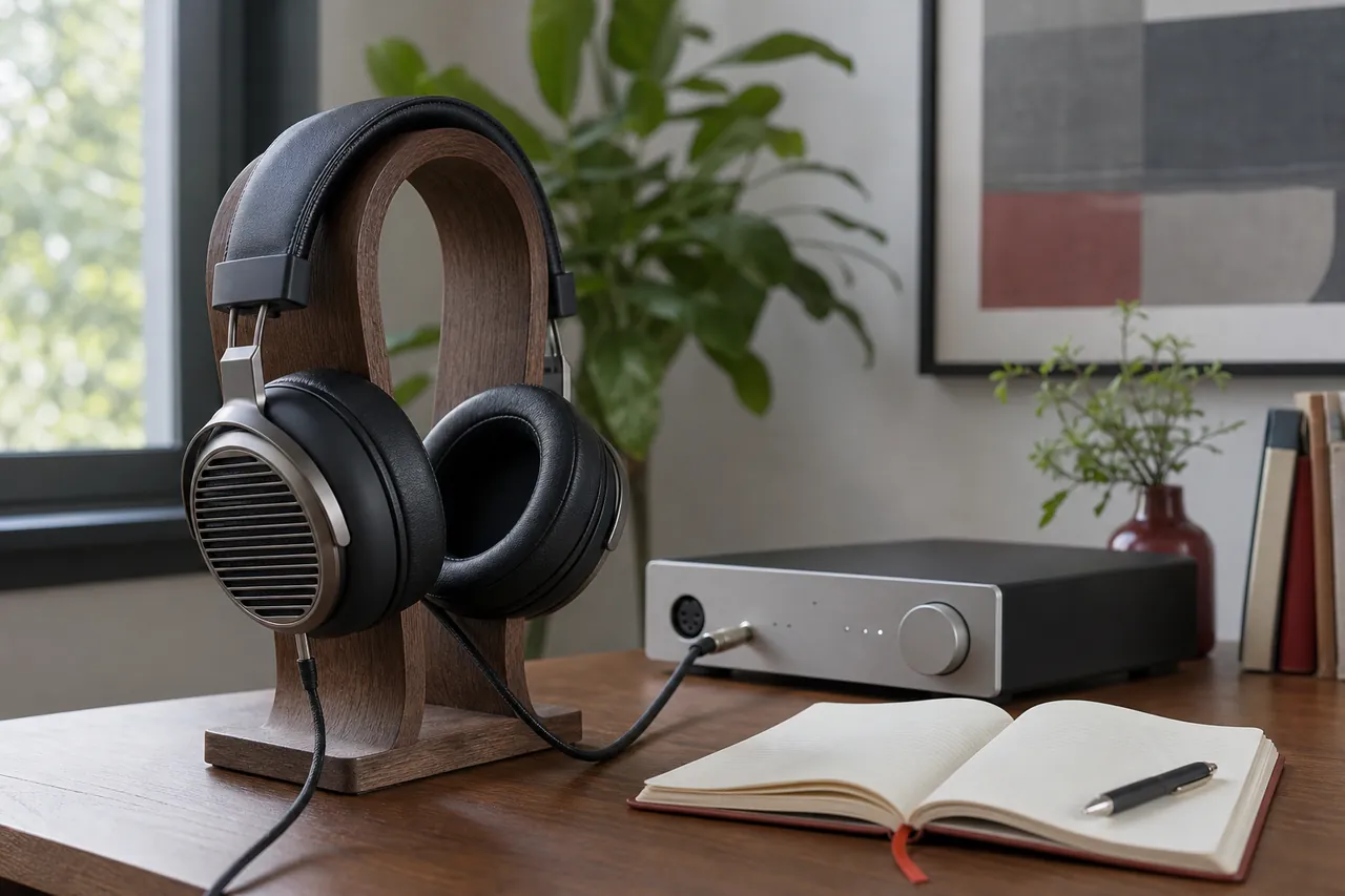 Generic unbranded wired headphones on a stand beside an anonymous audio source