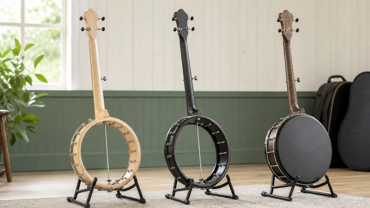 Rear view of two open-back banjos and one resonator banjo on stands
