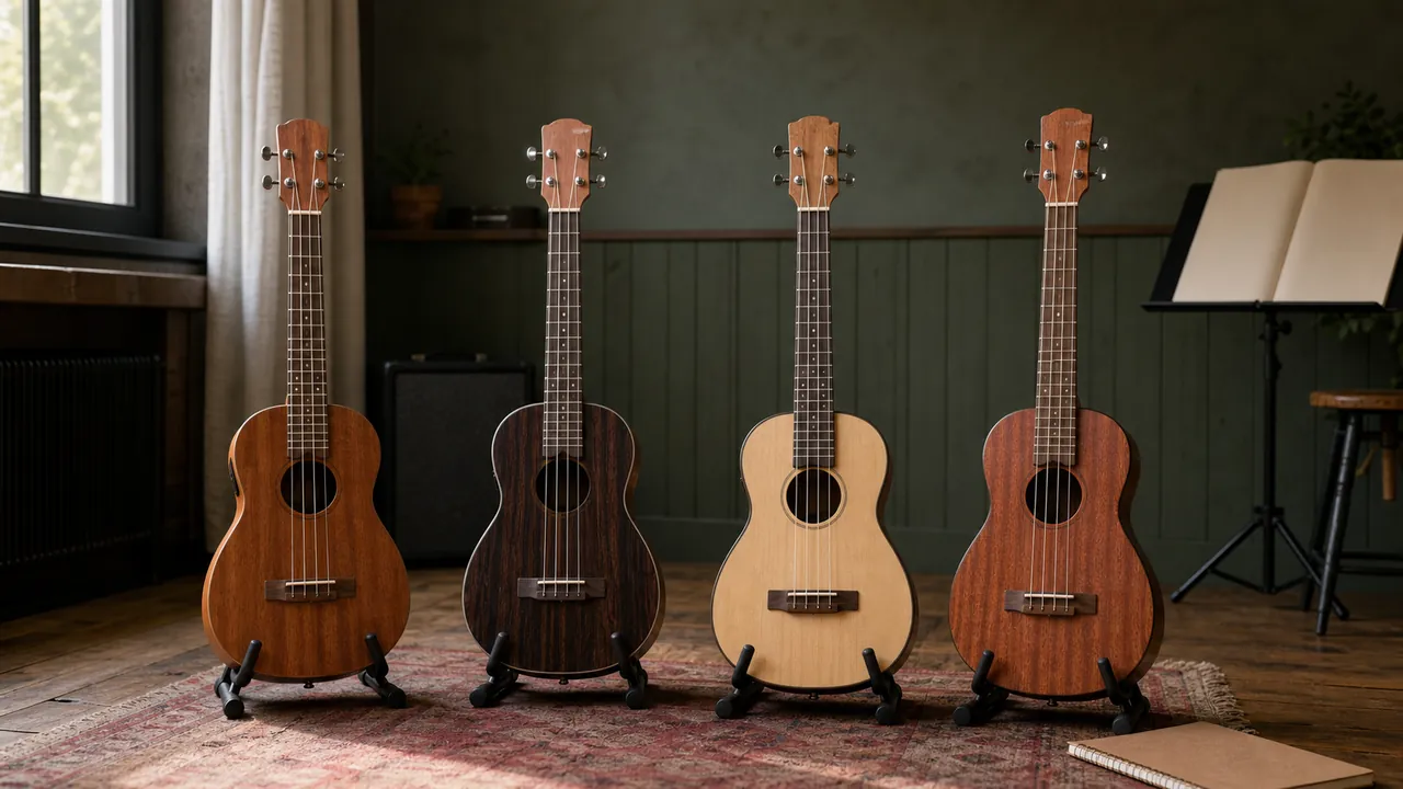 Four unbranded baritone ukuleles arranged in a rehearsal room
