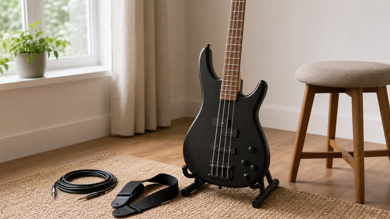 Generic black four-string bass body and neck on a stand beside a plain cable, strap and stool