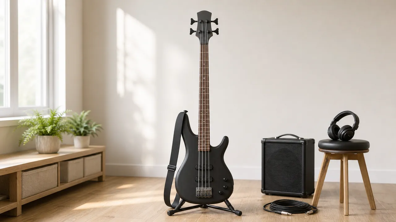 Generic unbranded four-string bass with practice amplifier, cable, strap and headphones in a lesson studio