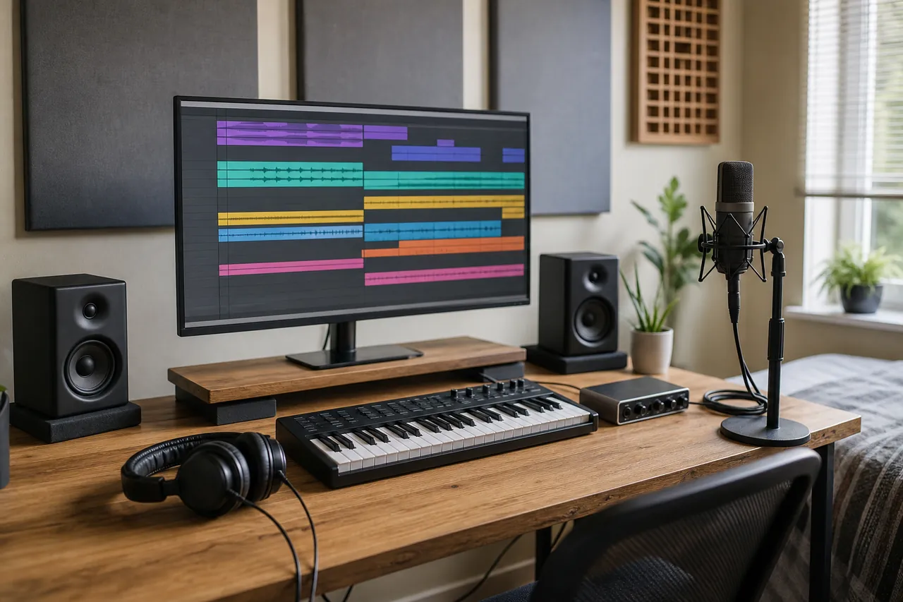 Generic beginner music production desk with MIDI keyboard, microphone and an unlabeled multitrack screen