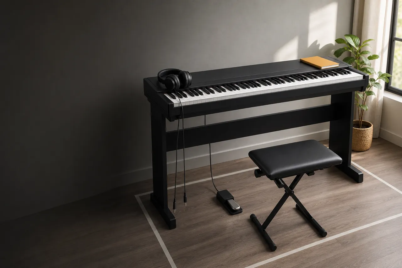 Unbranded 88-key digital piano practice setup with plain stand, bench, pedal and headphones