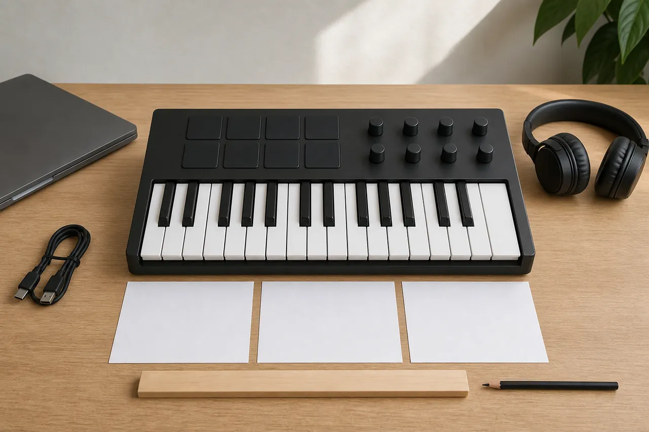 Generic MIDI controller, laptop, headphones and desk measurement sketch in a home music workspace