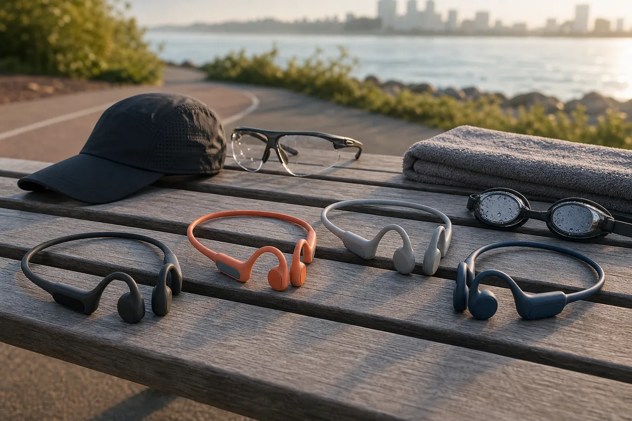 Four generic unbranded open-ear neckband headphones beside running and swimming gear