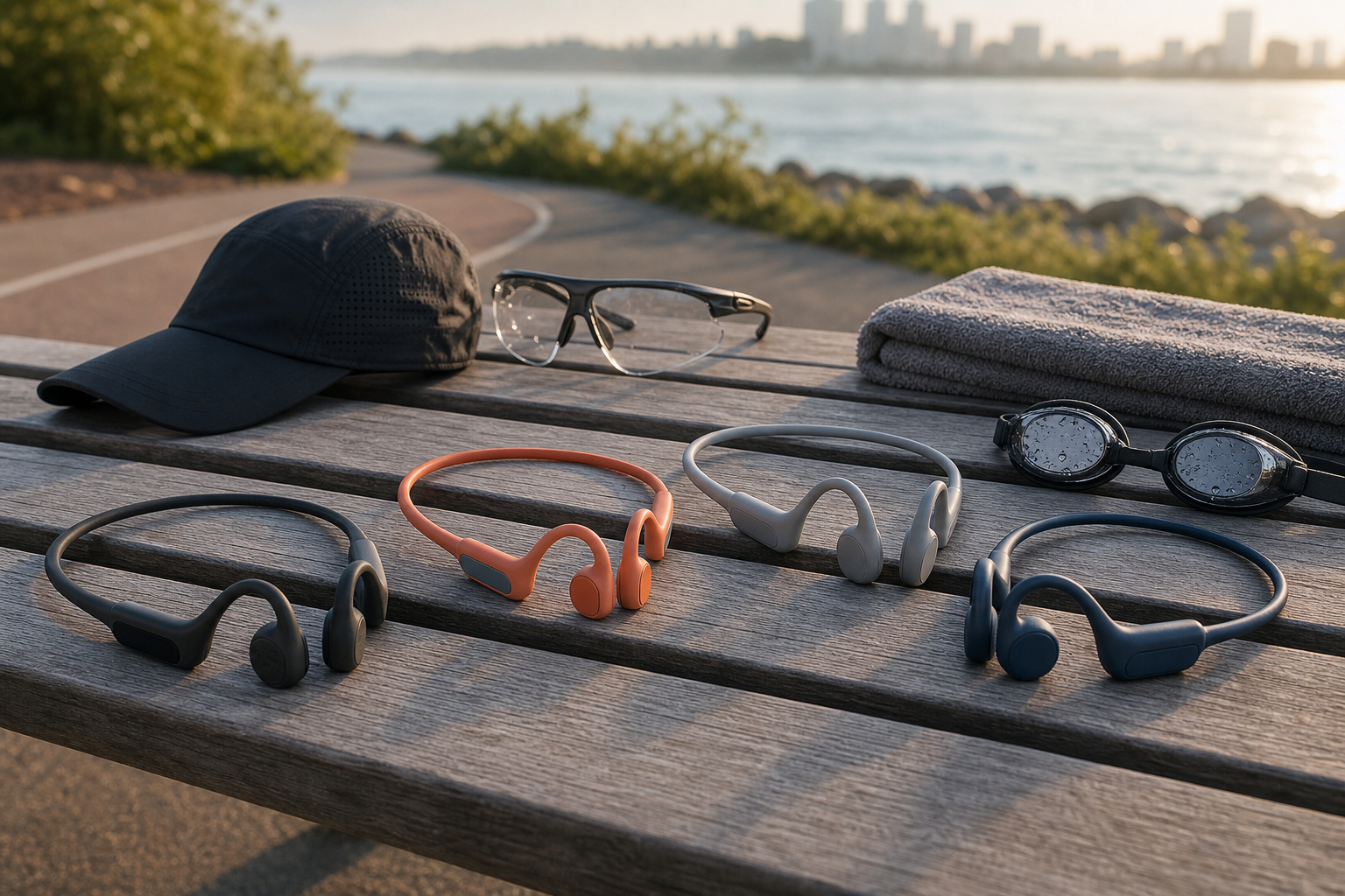 Four generic unbranded open-ear neckband headphones beside running and swimming gear