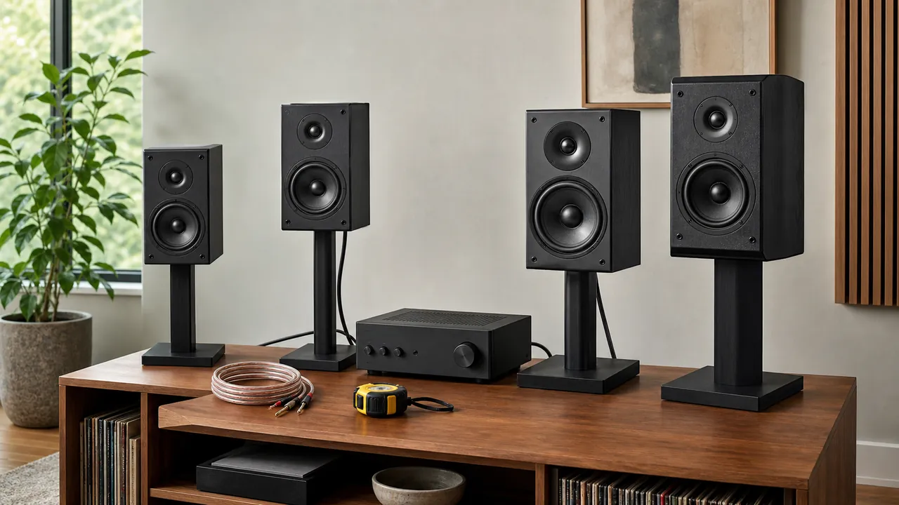 Four generic passive speakers on stands beside an amplifier, cable, and tape measure