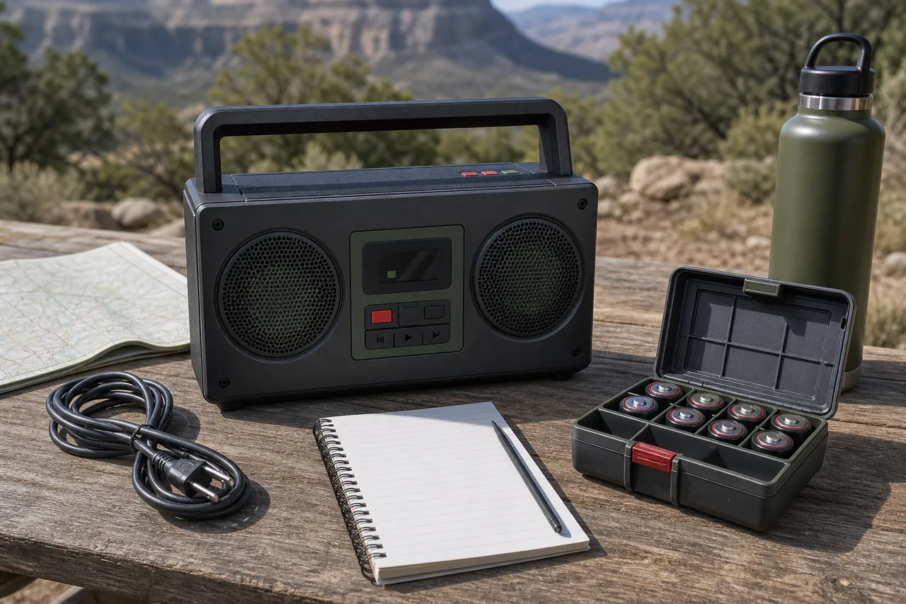 Generic unbranded portable audio player beside power and trip-planning supplies