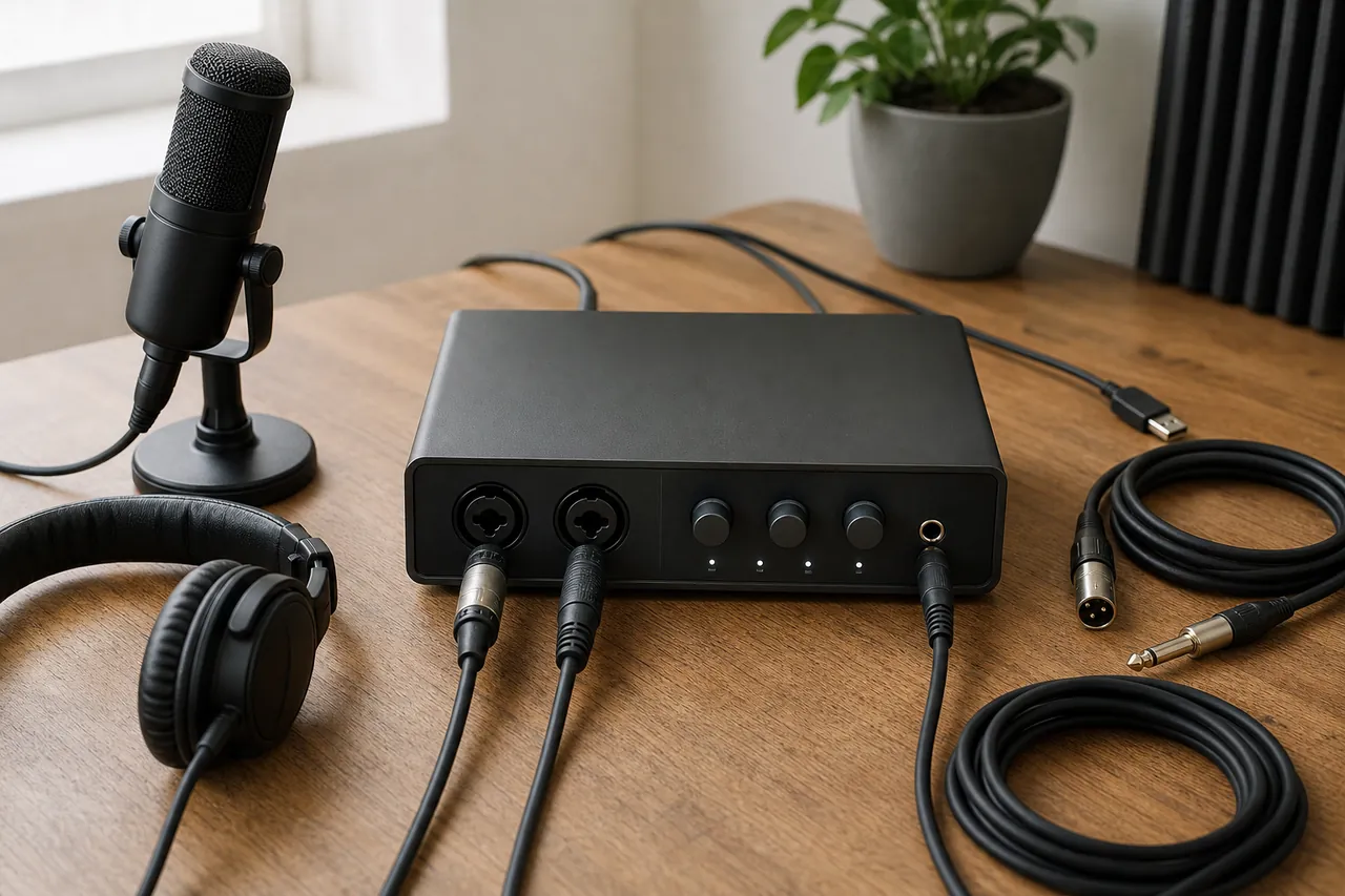 Generic audio interface, microphone, headphones and recording cables on a home studio desk