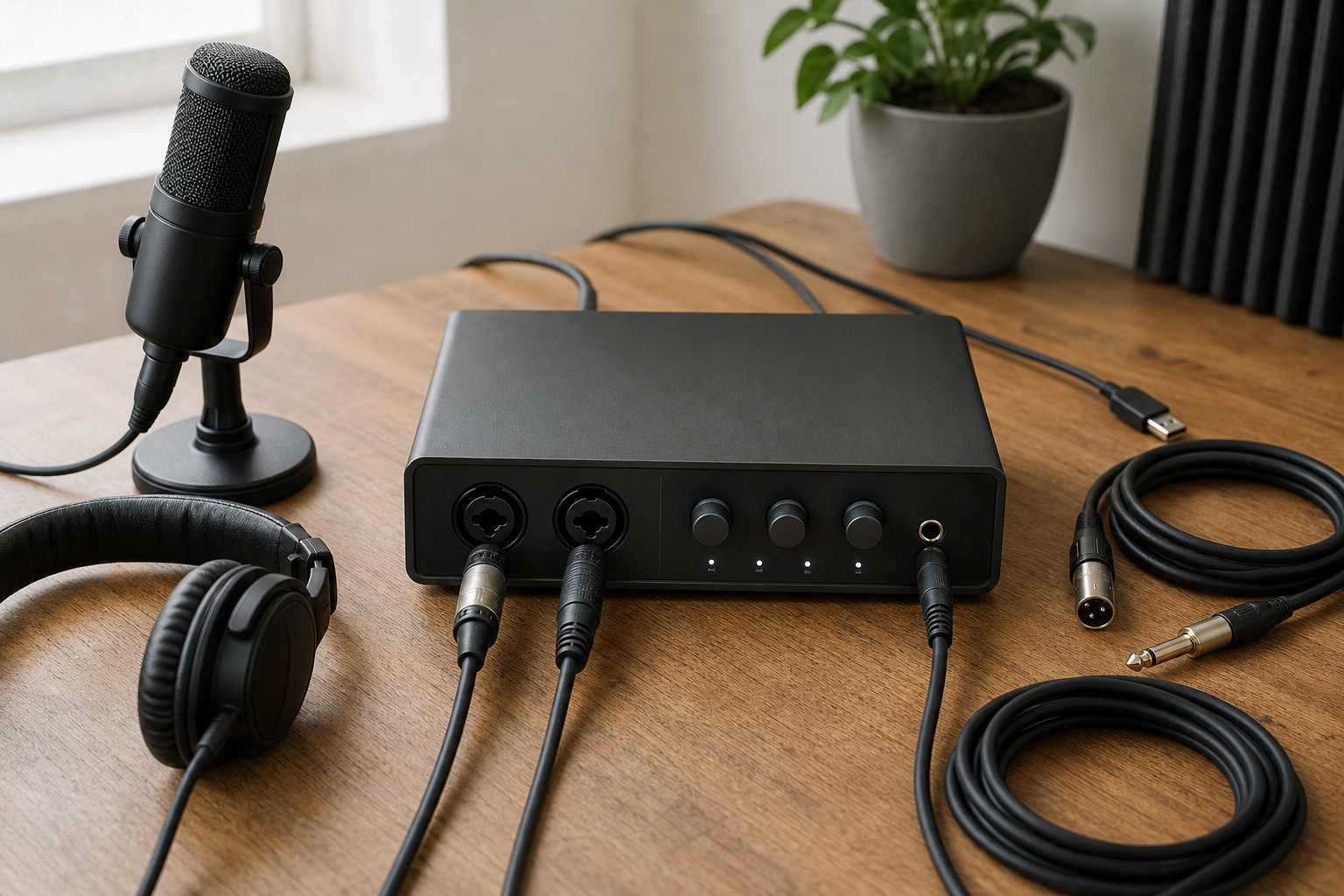 Generic audio interface, microphone, headphones and recording cables on a home studio desk