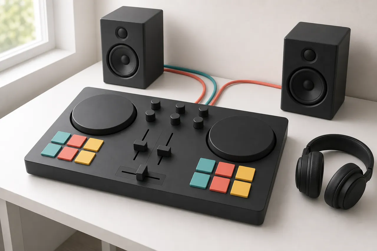Unbranded DJ controller, headphones and speakers arranged on a bright home desk