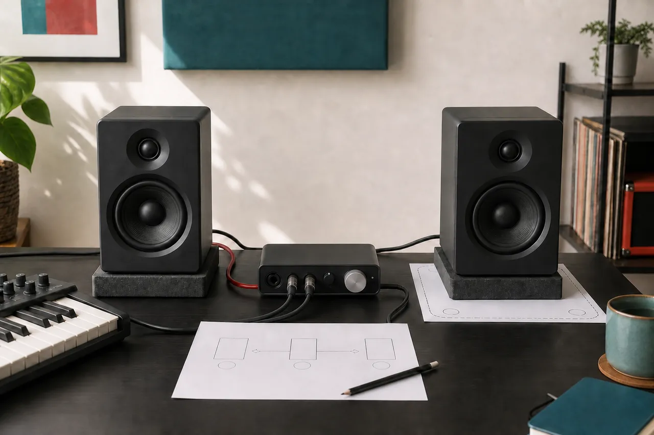 Generic unbranded monitor pair, audio interface, cables and paper connection worksheet on a desk