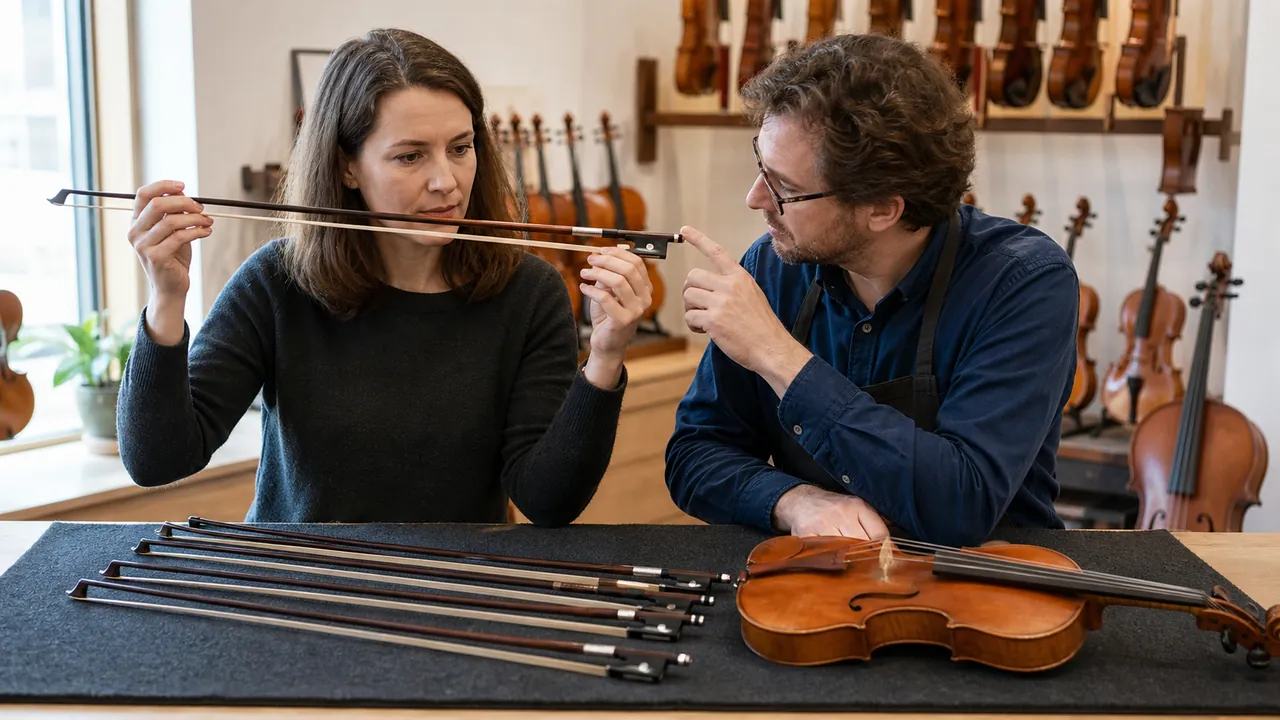 A violin student and teacher inspecting an unbranded bow at a shop counter