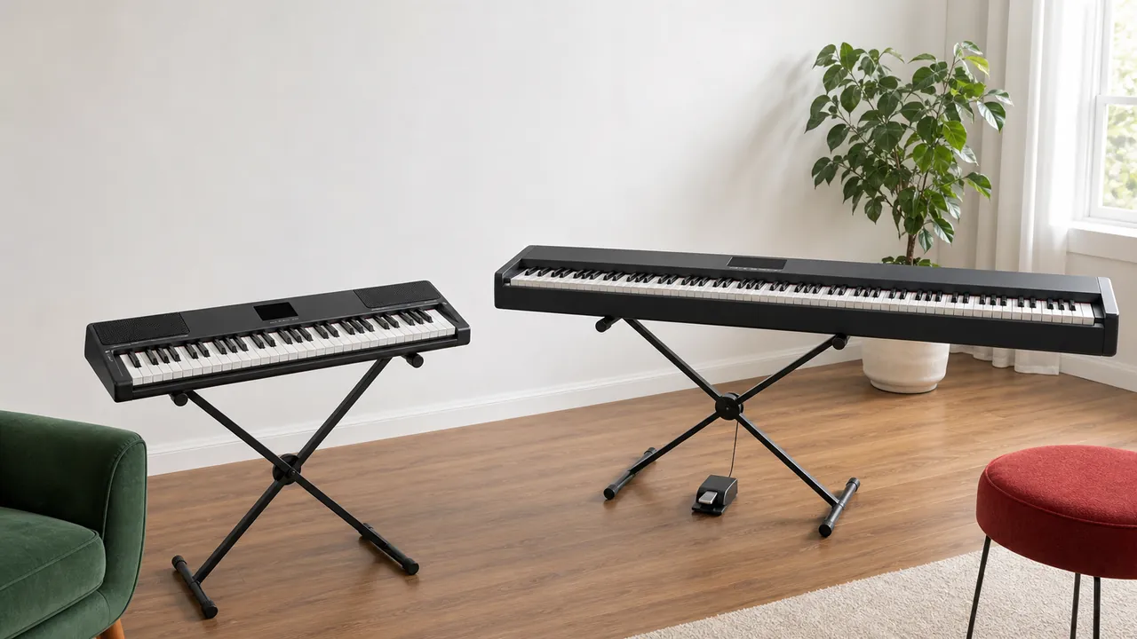 Two unbranded electronic keyboards of different lengths on black stands in a bright practice room