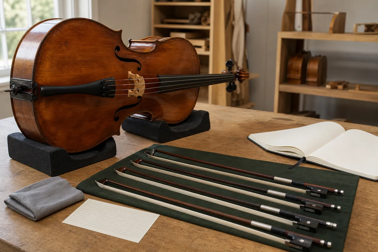 Generic cello, several unbranded bows, measuring card, and open notebook on a violin-shop worktable