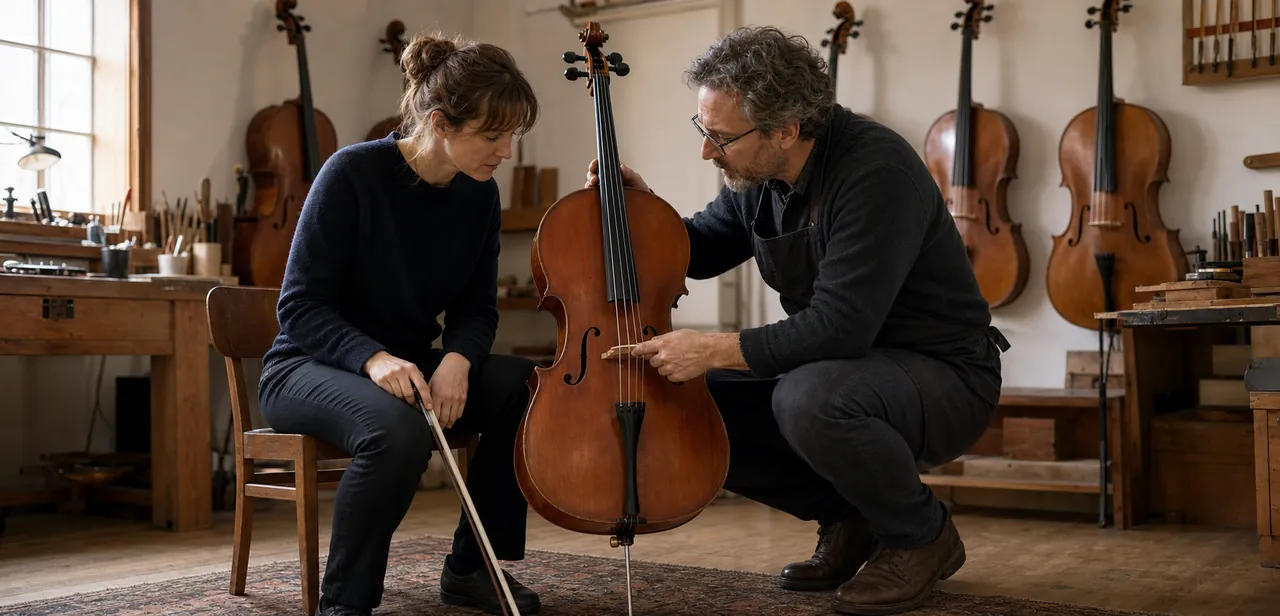 Cellist and teacher examining a generic unbranded cello bridge in a quiet string shop