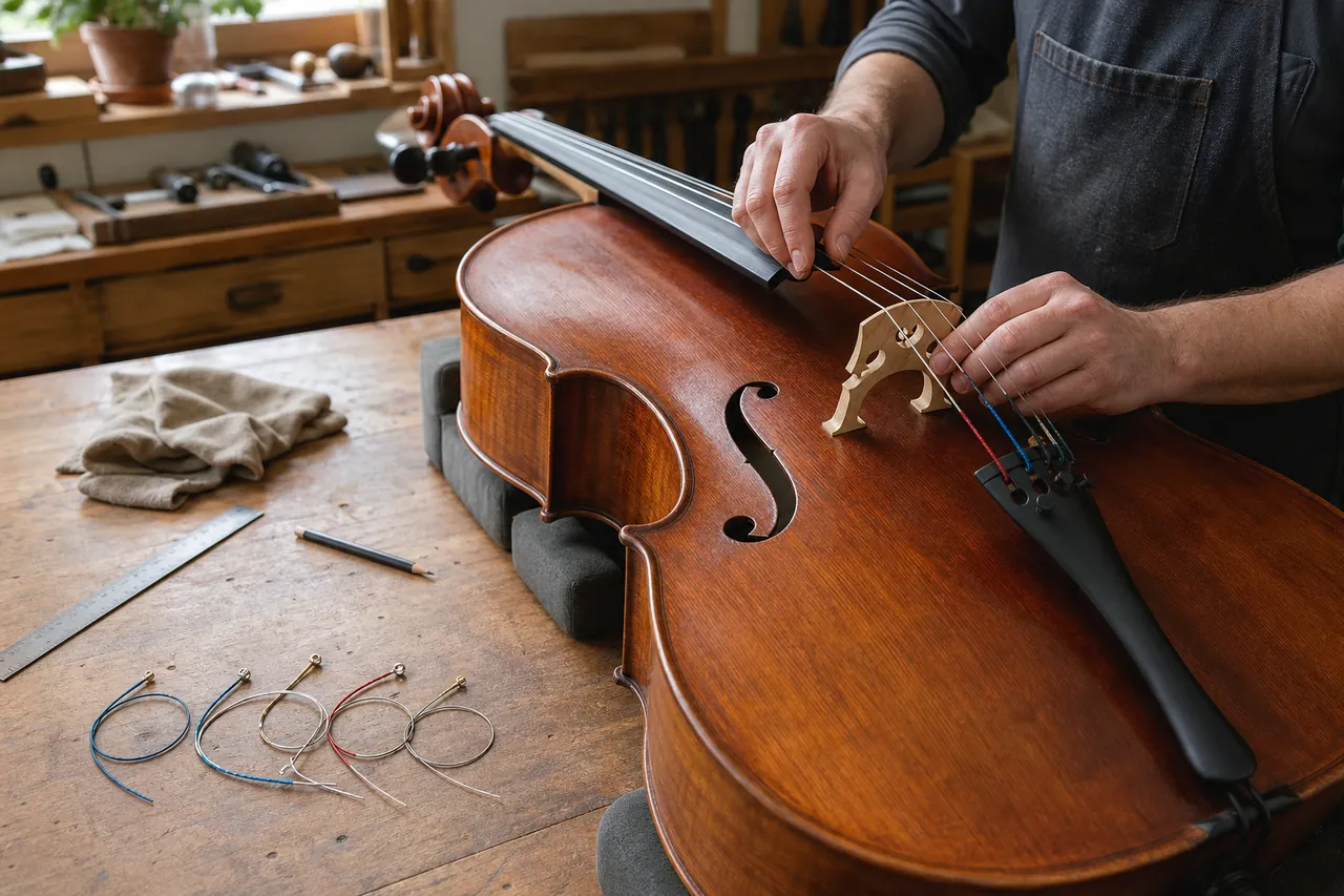 Luthier checking the bridge and four strings on a generic cello at a padded workbench