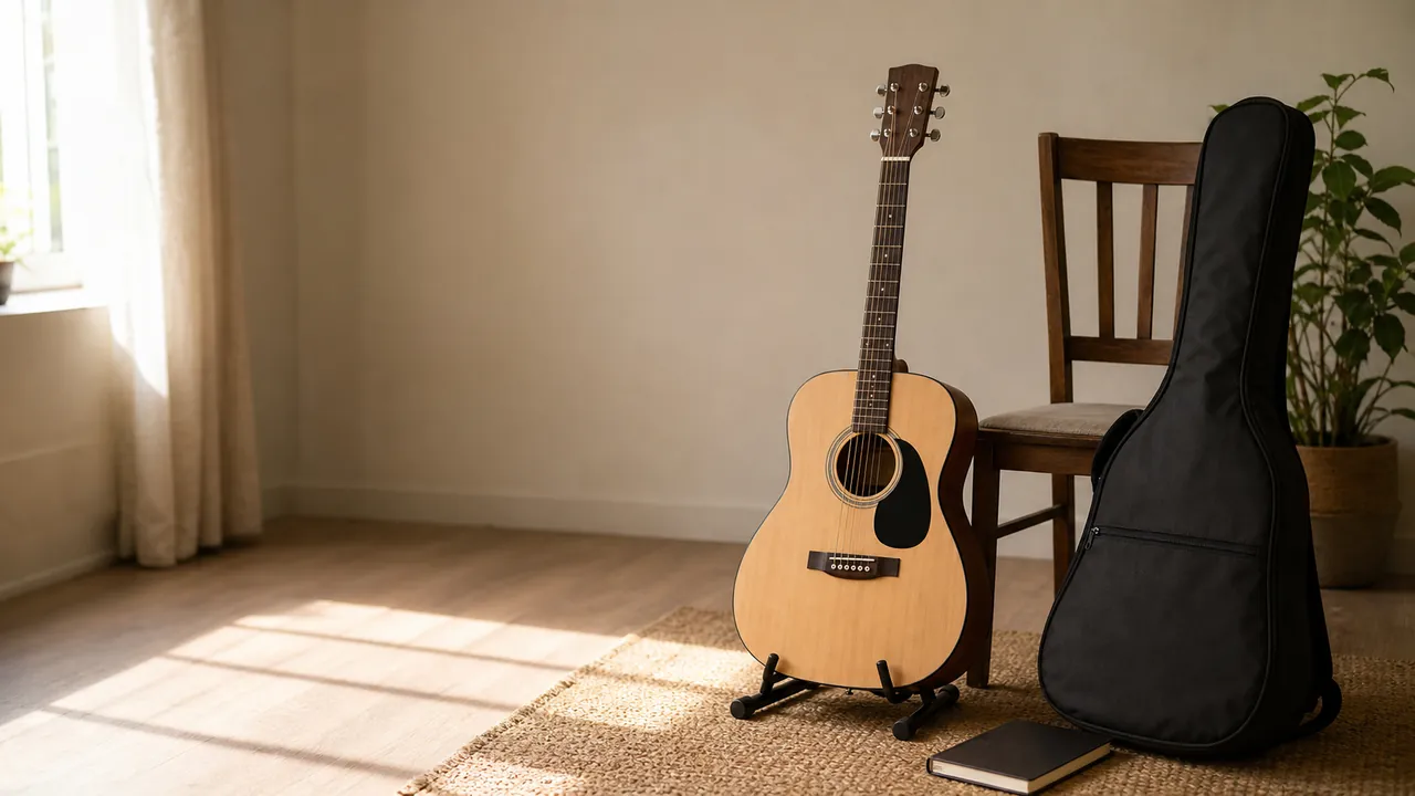 Generic unbranded acoustic guitar on a stand beside a chair and gig bag in a home practice room