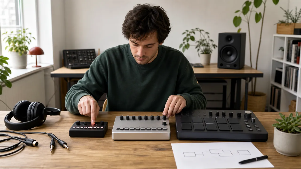 A beginner programs a simple beat on three generic unbranded drum machines beside headphones and a small speaker.