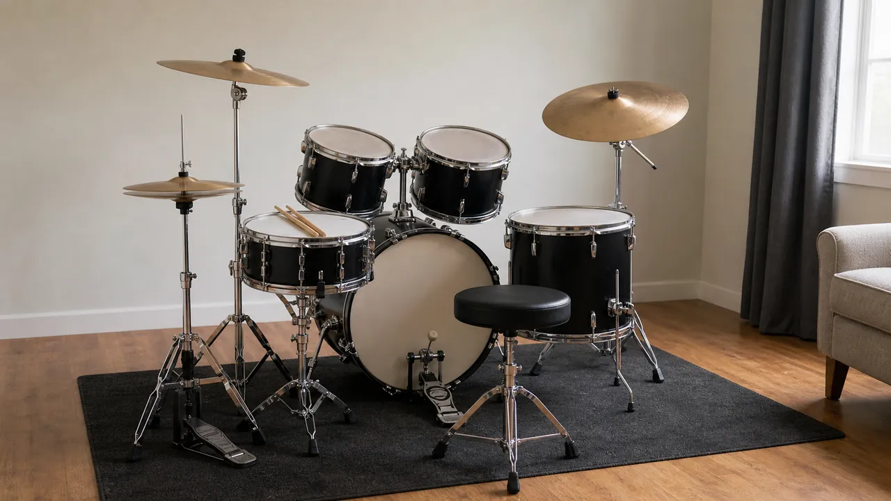 Unbranded five-piece acoustic drum set with cymbals, stands and throne on a dark rug
