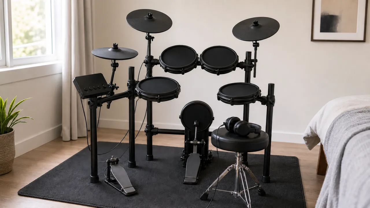 Generic unbranded electronic mesh drum kit with rack, kick tower, pedals, throne and headphones on a dark mat