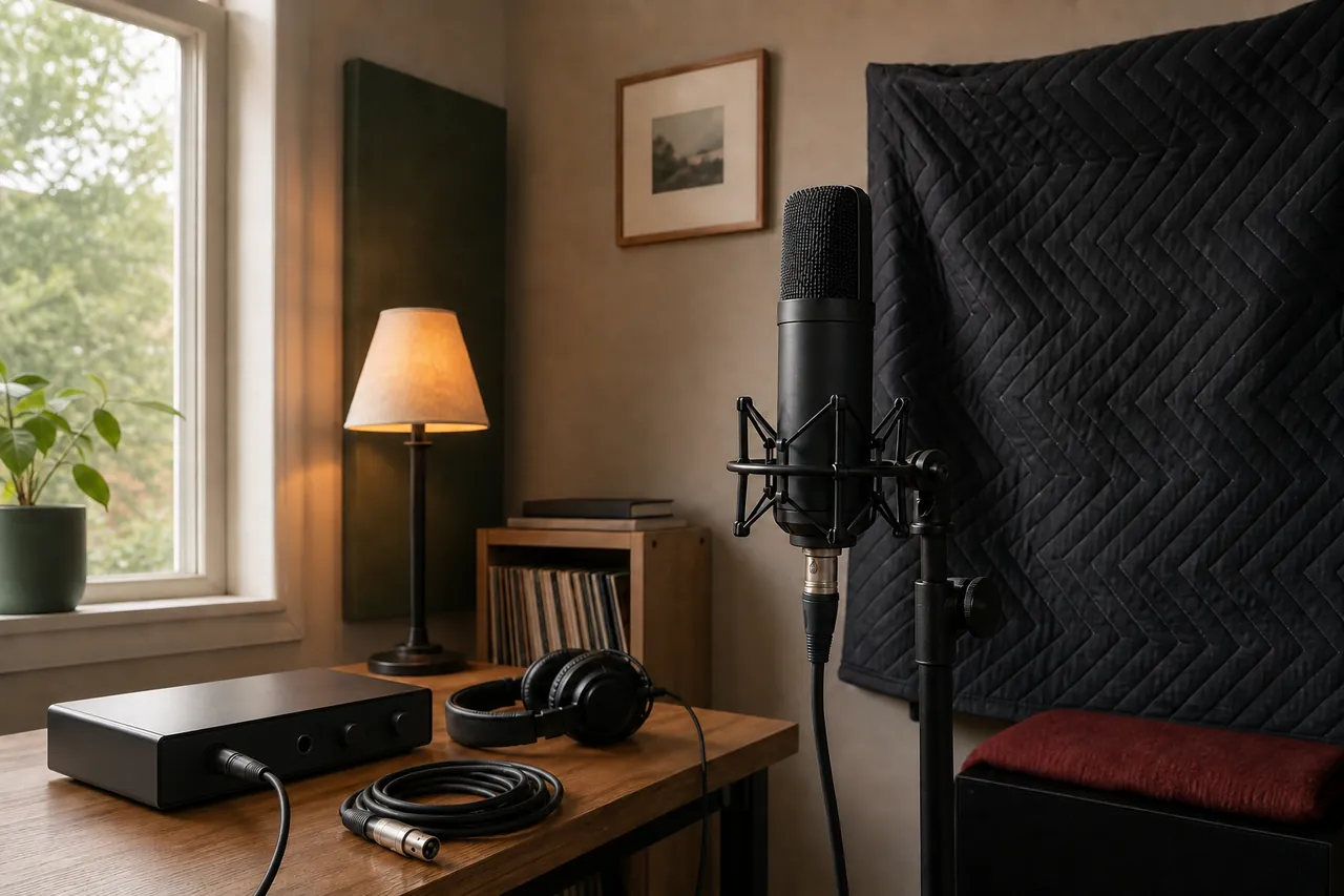 Generic unbranded condenser microphone on a stand in a small home recording corner