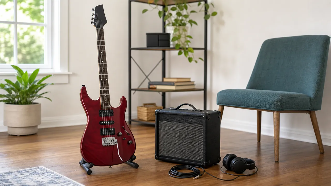 Generic unbranded red electric guitar beside a small practice amplifier, headphones, cable and chair