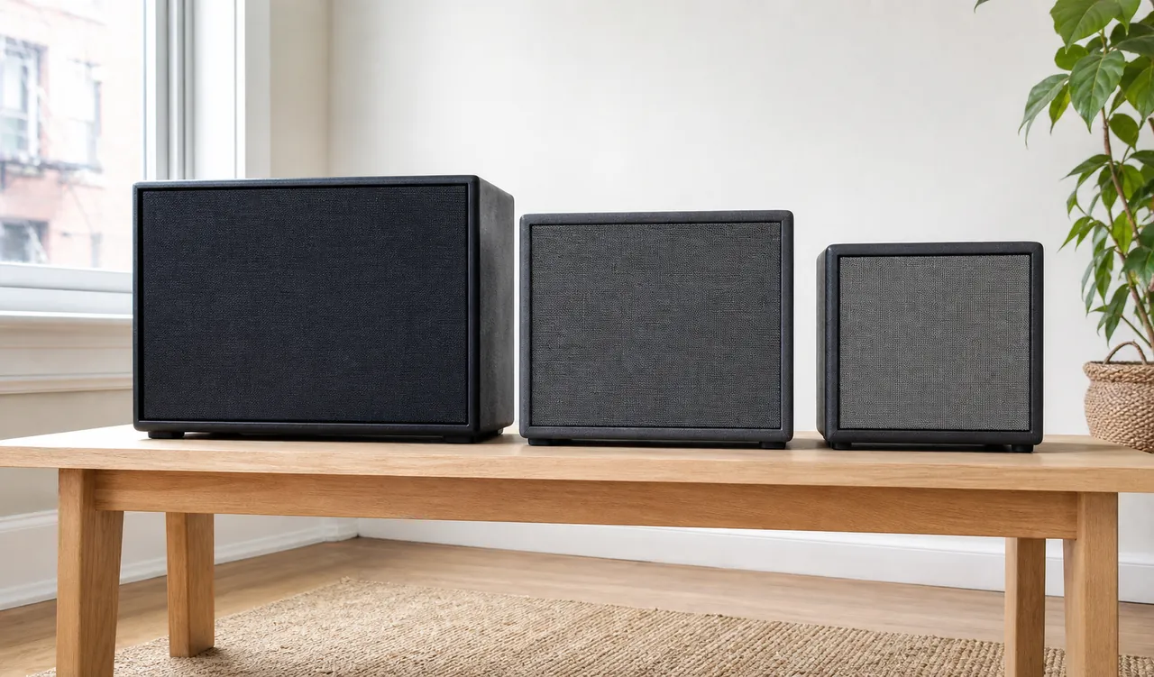 Three unbranded compact amplifier cabinets of different sizes in a bright home practice room