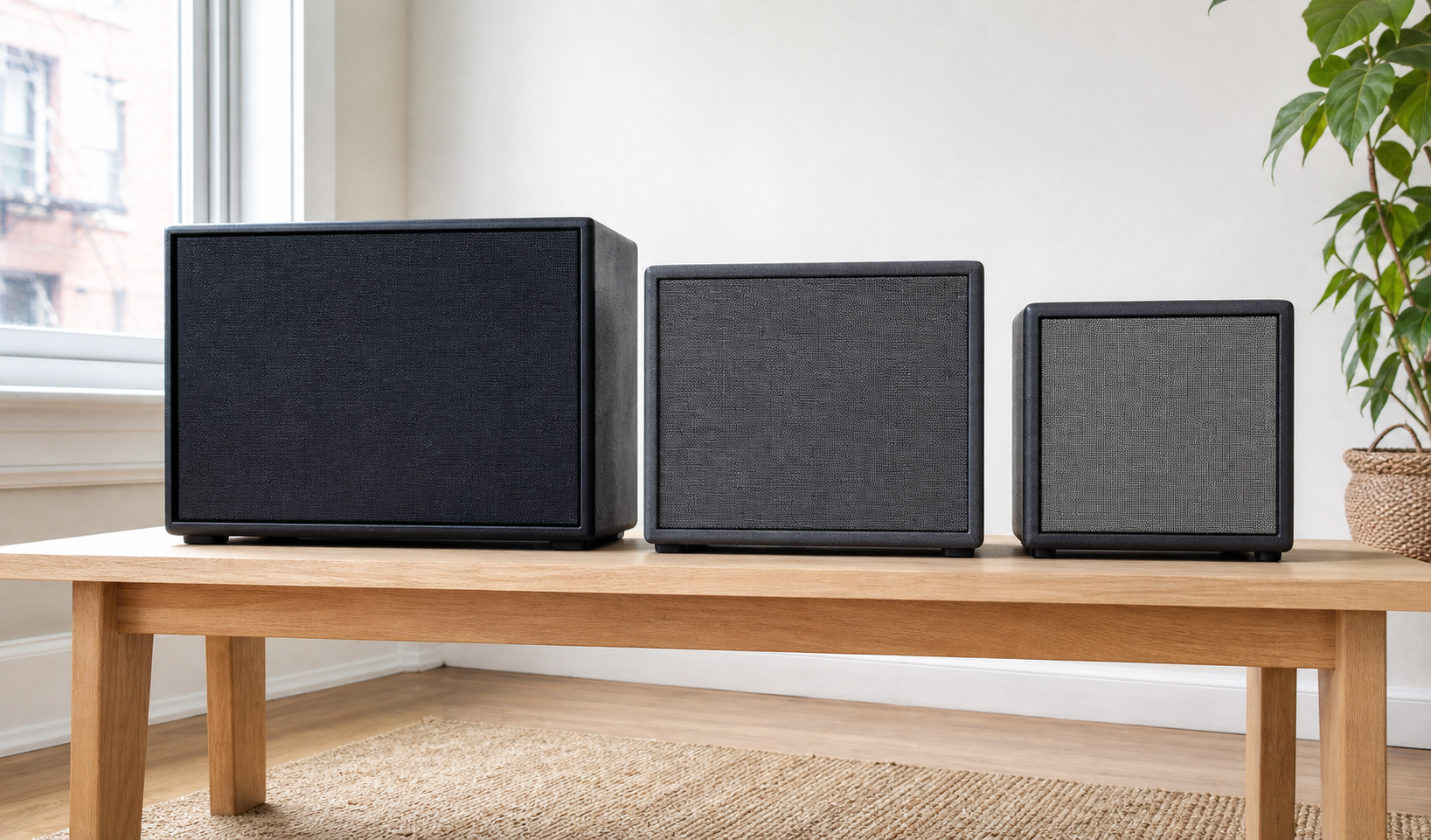 Three unbranded compact amplifier cabinets of different sizes in a bright home practice room