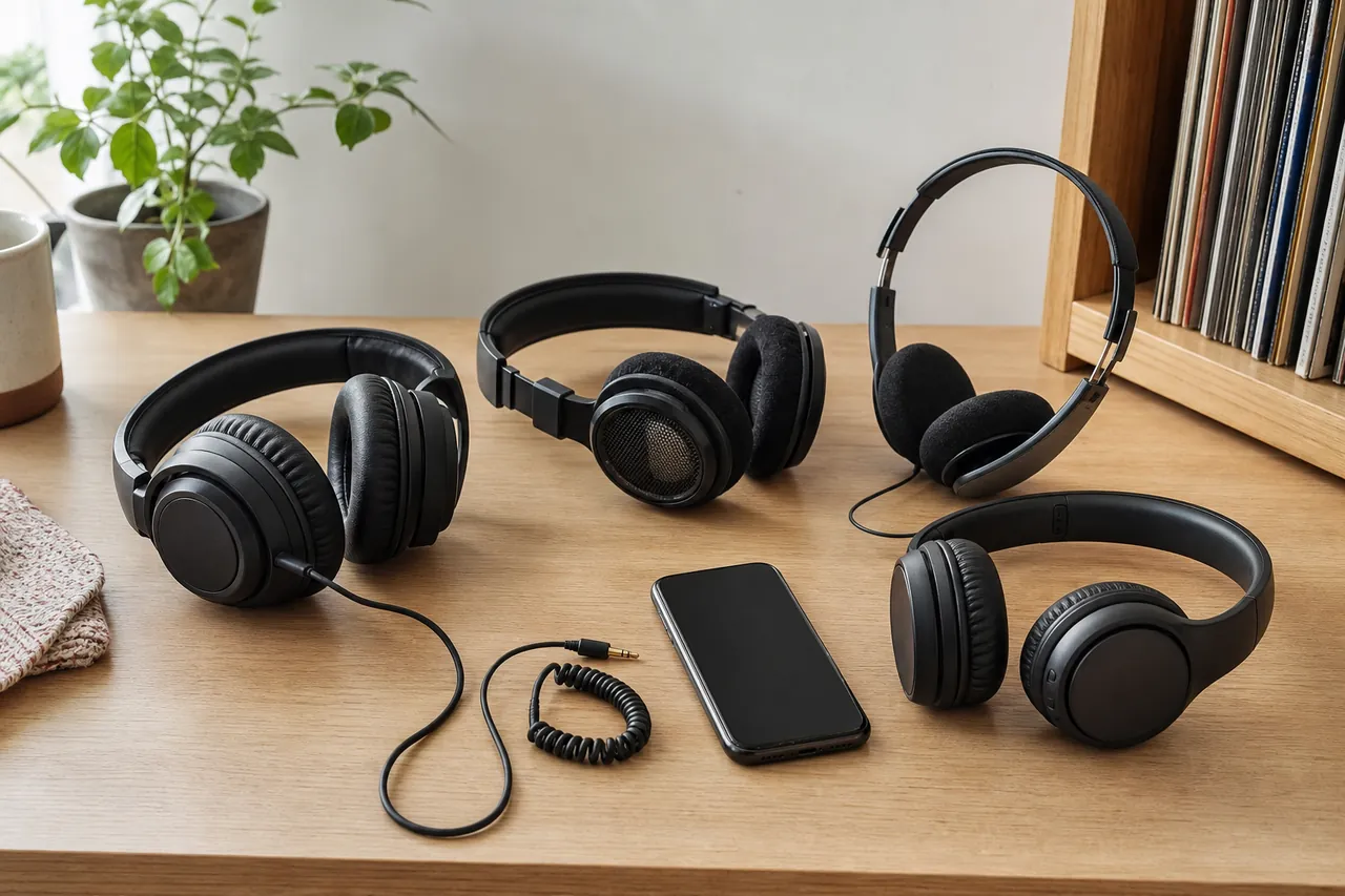 Four generic affordable headphone styles arranged on a home listening desk