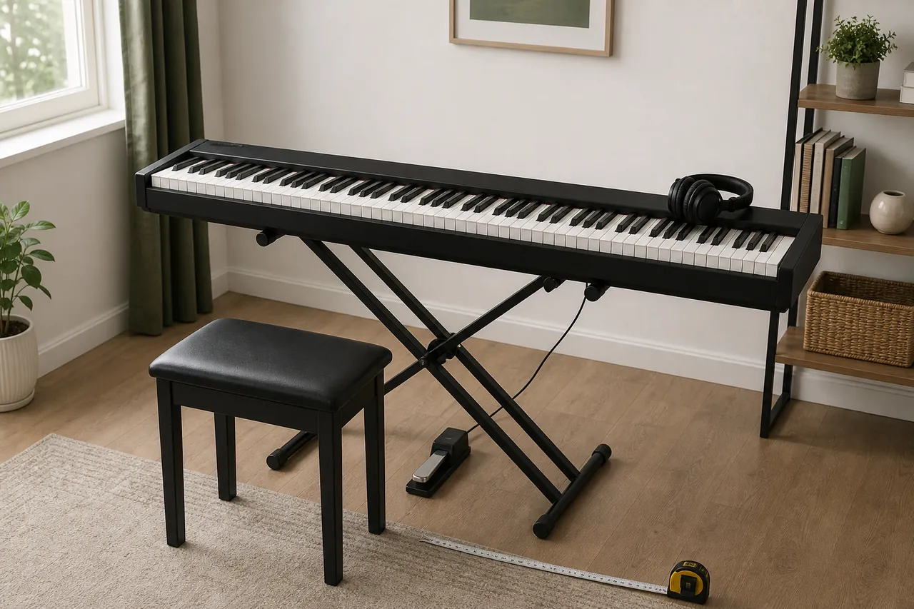 Generic unbranded digital piano, stand, bench, pedal and headphones in a measured practice corner