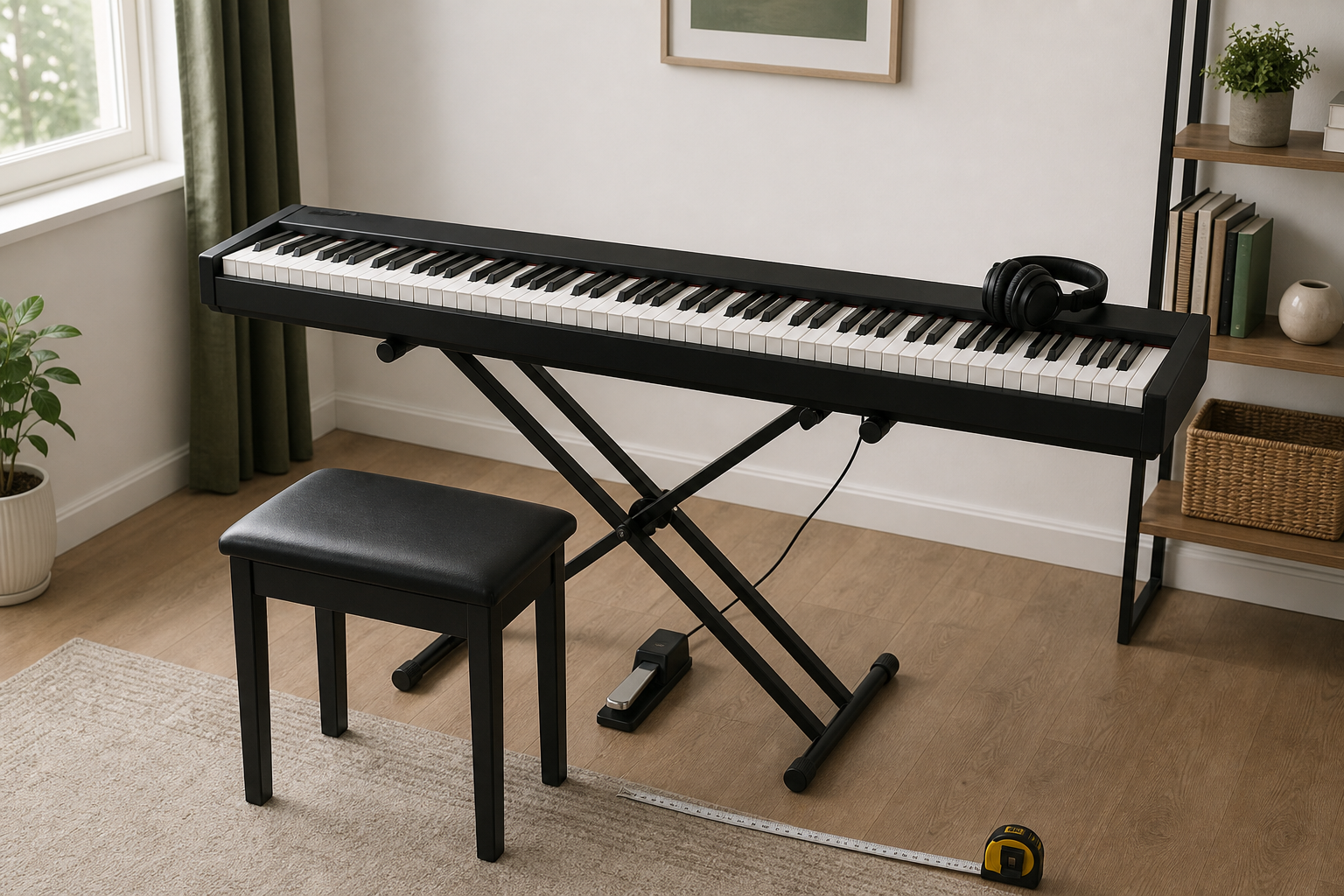 Generic unbranded digital piano, stand, bench, pedal and headphones in a measured practice corner