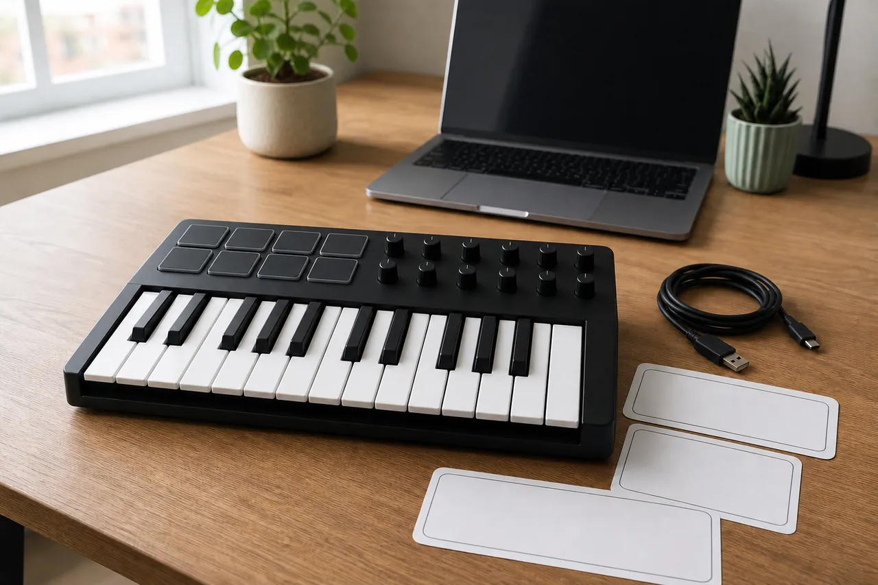 Generic unbranded compact MIDI keyboard with pads and knobs beside a laptop