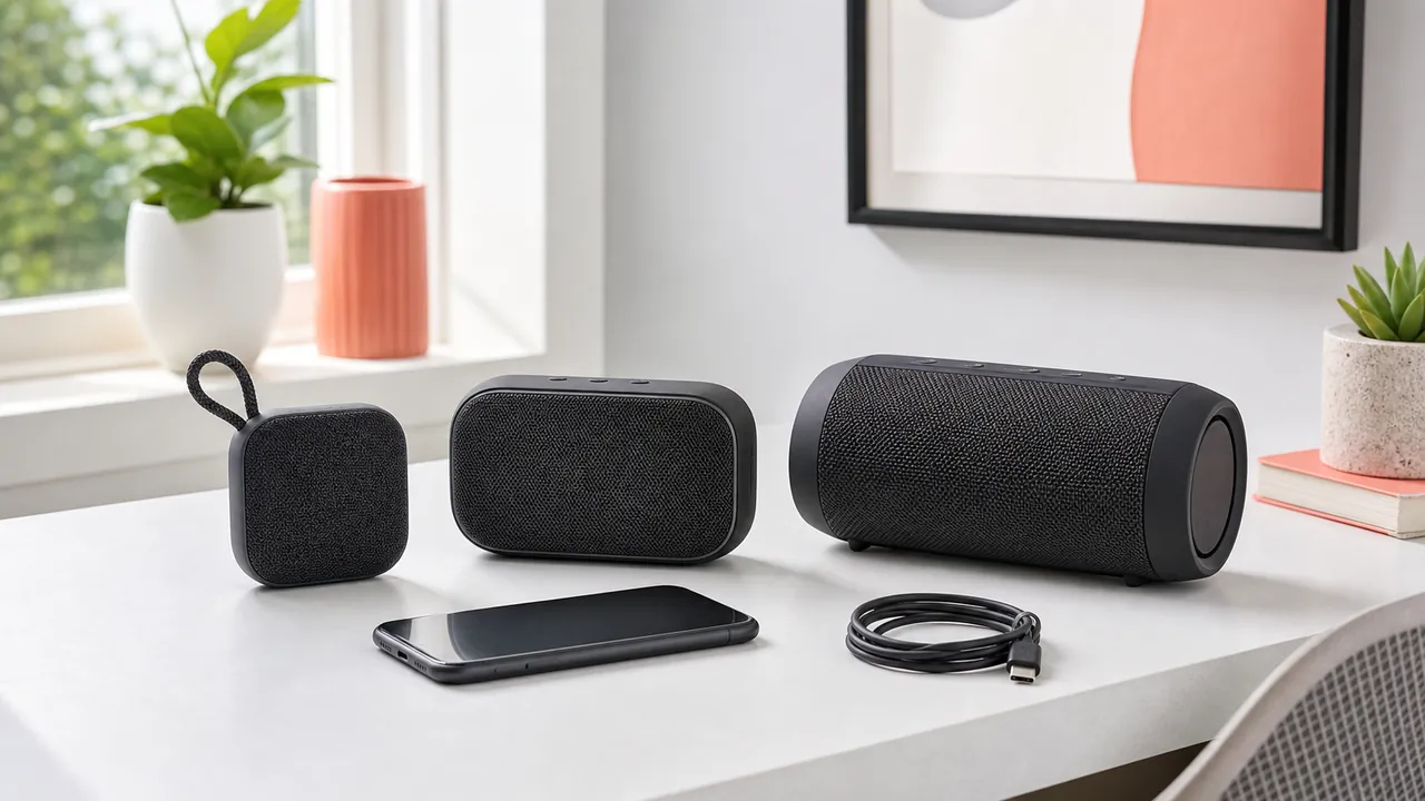 Three generic unbranded portable speakers beside a phone and USB-C cable