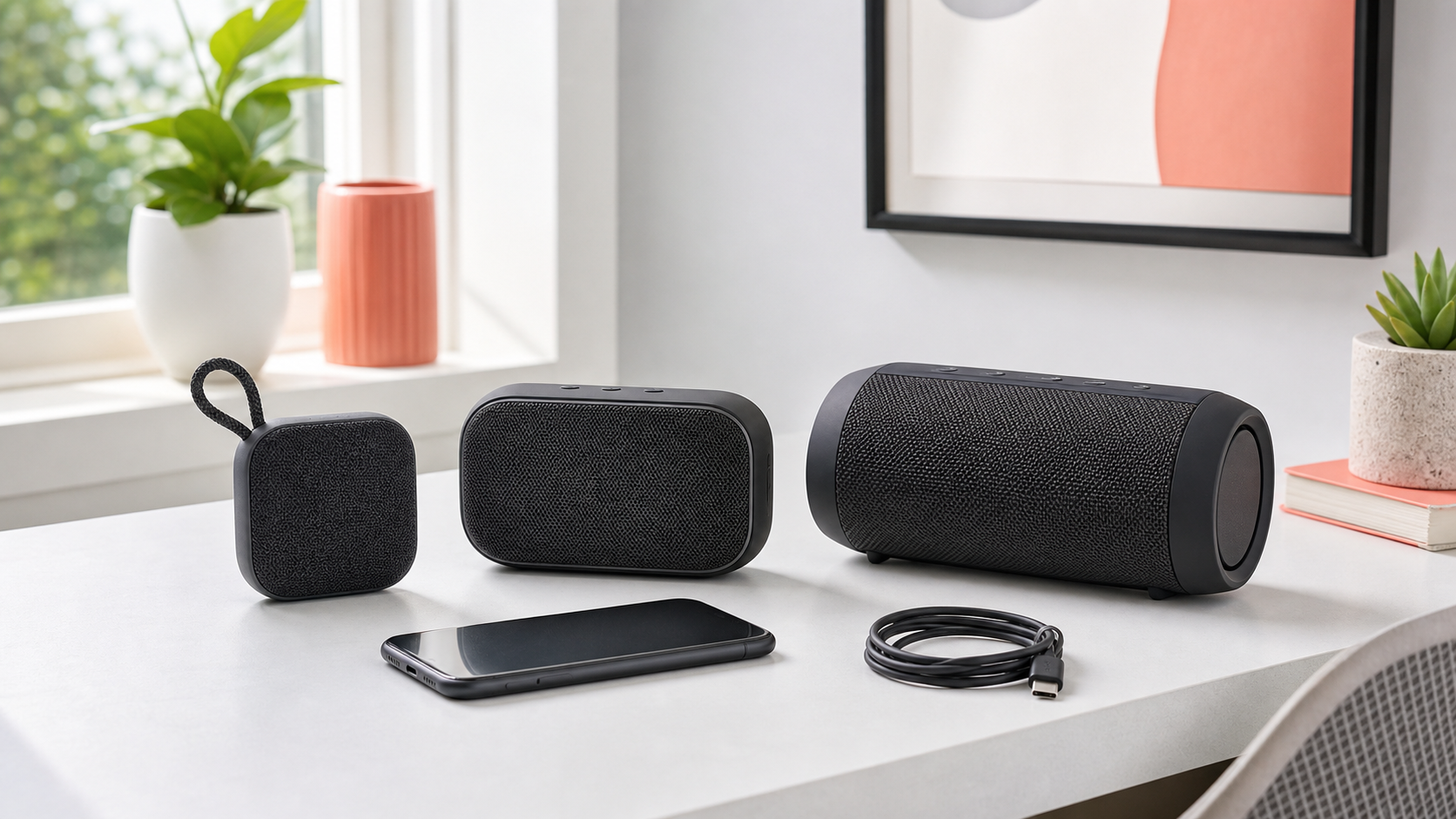 Three generic unbranded portable speakers beside a phone and USB-C cable