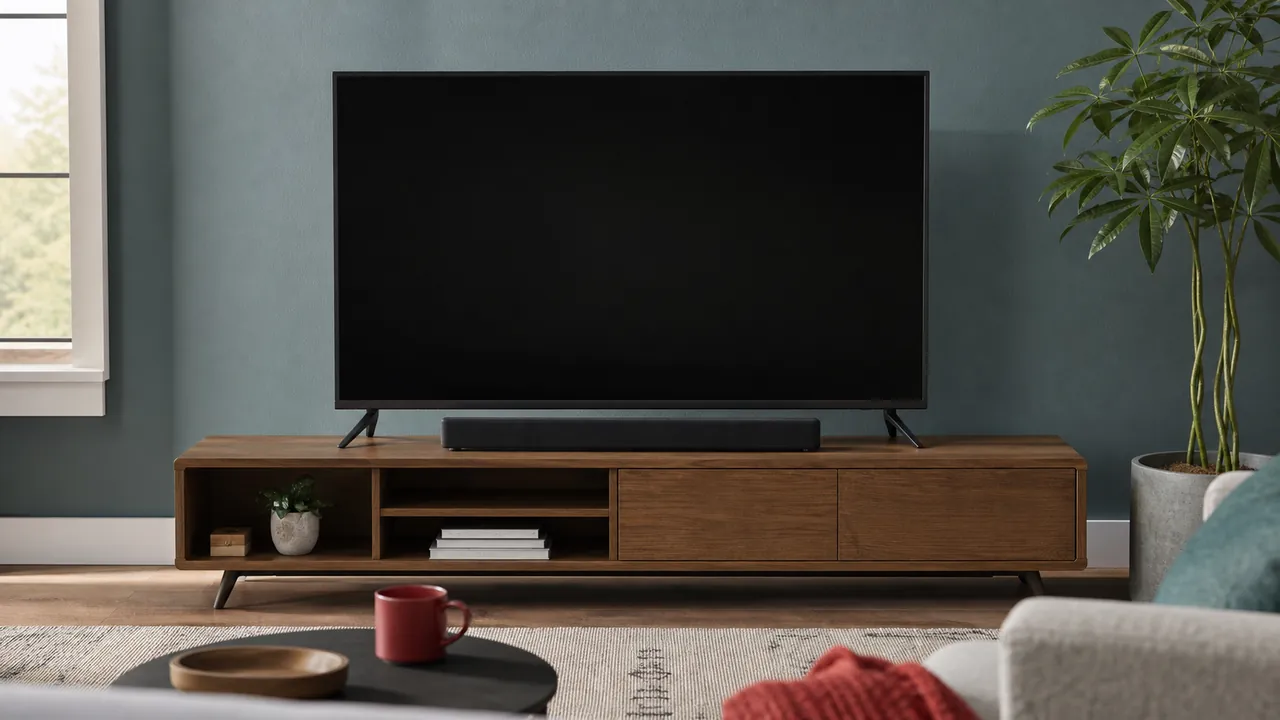Generic compact soundbar below an unbranded television on a media console