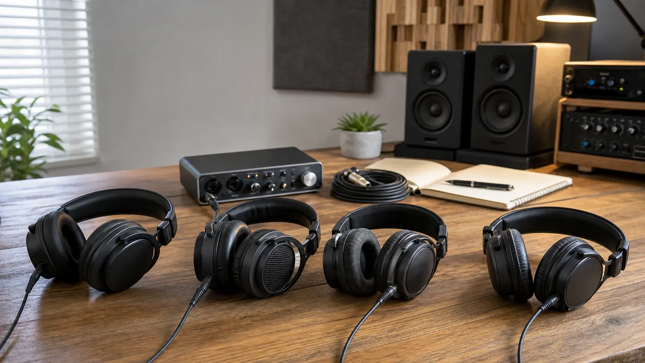 Four generic unbranded wired headphones arranged at a home recording desk