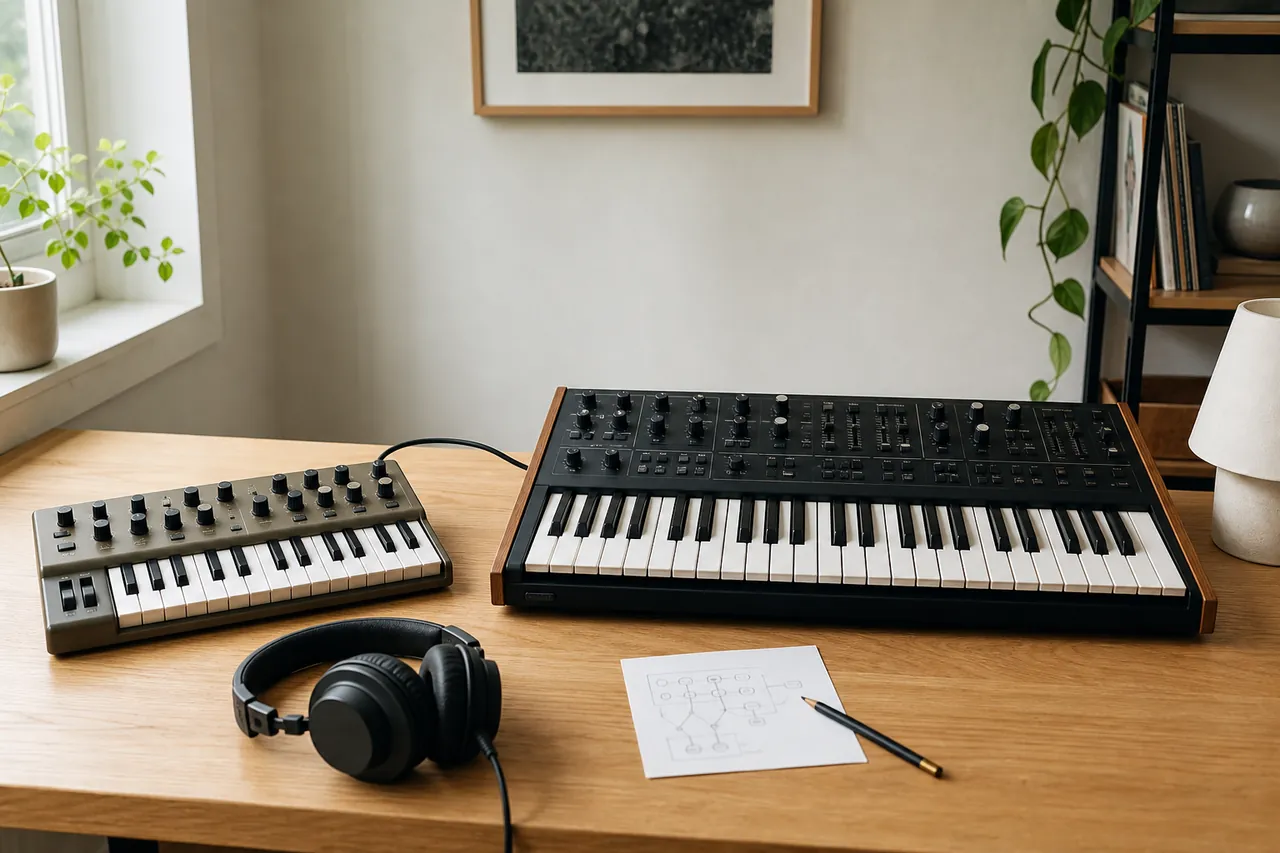 Unbranded compact synthesizers and headphones arranged on a beginner's music desk