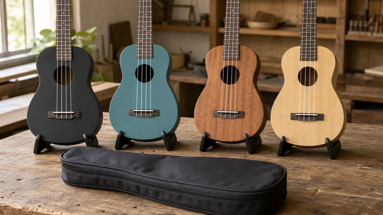 Four generic beginner ukuleles in varied finishes on stands behind a plain gig bag
