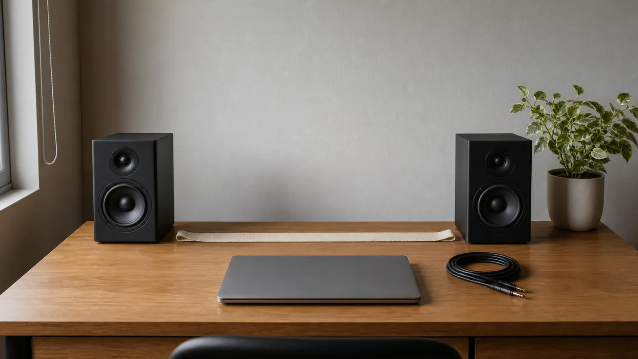 Two generic compact speakers spaced across a home desk with a blank measuring tape and audio cable.